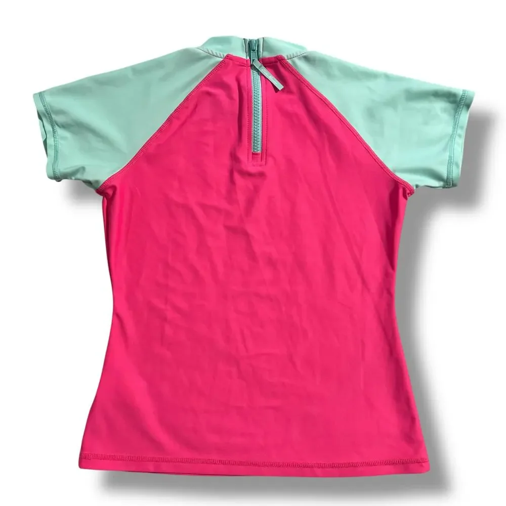 Eddie Bauer Girls Swimsuit Rashguard Top Short Sleeve Pullover Pink Green Medium